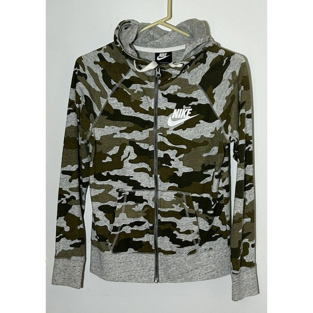Nike Full Zip Lightweight Camo Hoodie Womens XS Green Heather Gray Camouflage